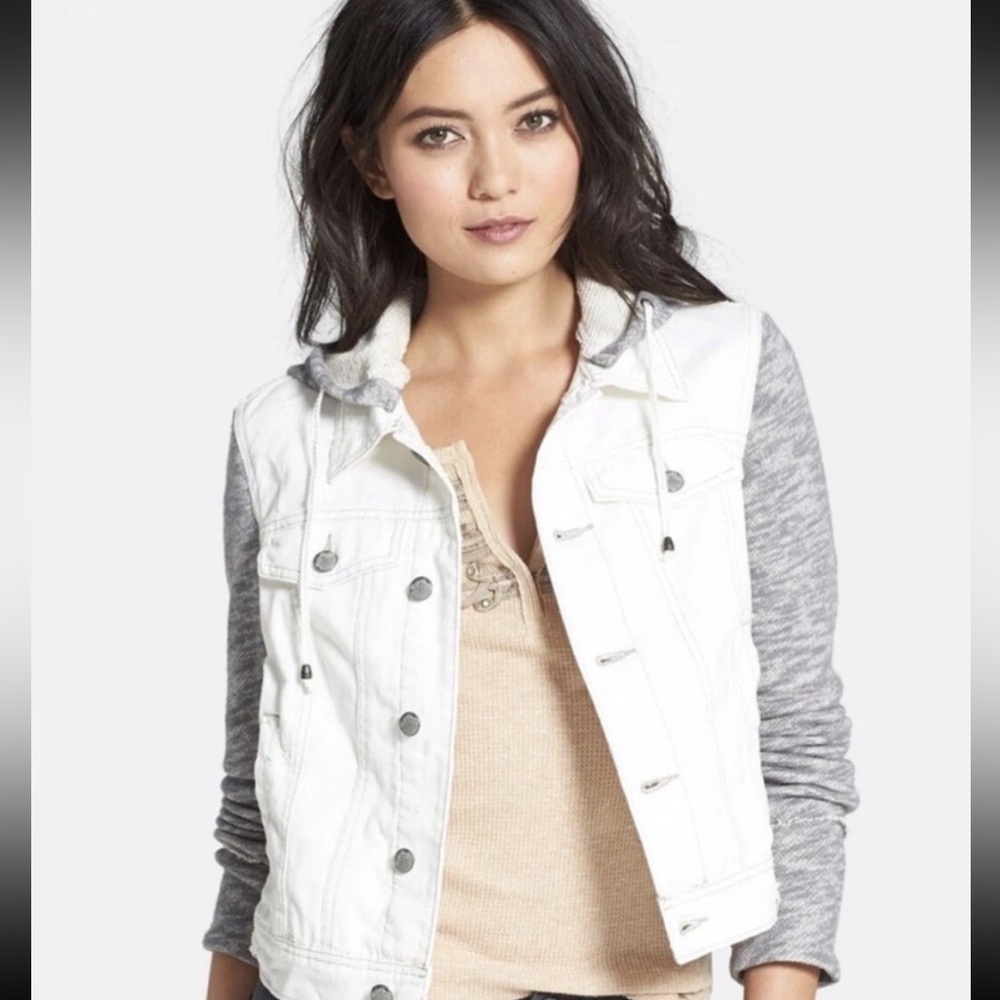 Free People White & Gray Jean Jacket with Sweatshirt Sleeves & Hood Size XS, NWT
